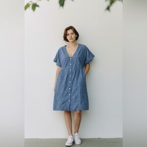 Madewell Button-Front V-Neck Mini Dress Blue Eyelet Cotton Pockets - Medium